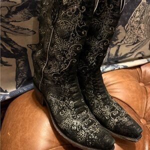Lucchese Black Heeled Boots with Silver Embroidery